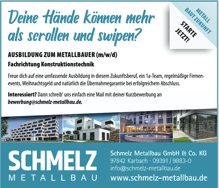 Stellenanzeige Ausbildung Metallbauer (m/w/d) bei Schmelz Metallbau in Karbach, Deutschland